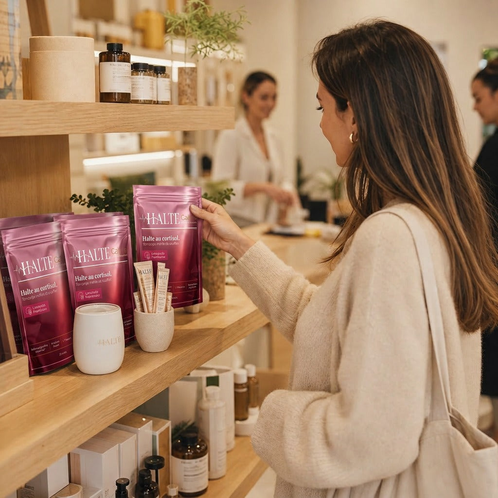 HALTE Calme présenté en boutique wellness premium
